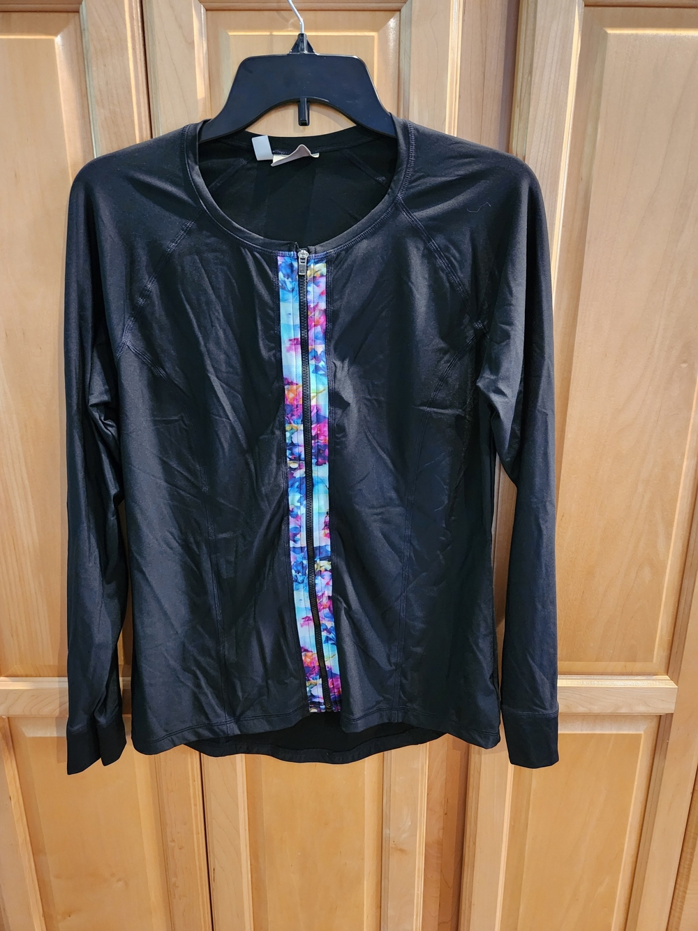 Athleta Black Long-Sleeve Zip Front Top with Multicolor Floral Trim